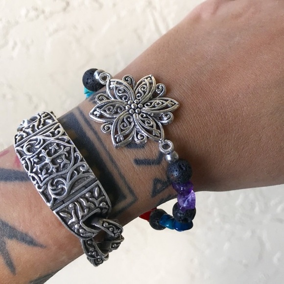 Genuine gemstones big silver lotus flower bracelet - Picture 4 of 9